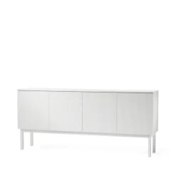 Beam side table, White lacquer, white stand, tabletop in carrara marble
