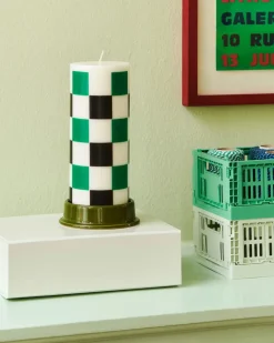 Column Candle block candle medium 20 cm, Off white-green-black check