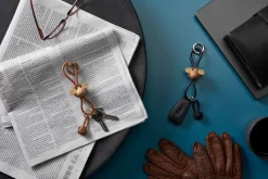 Kaj Bojesen monkey keyring, Teak, limba wood, natural leather