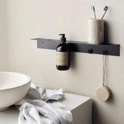 Meraki shelf with bottle hanger and hook, Brushed black finish