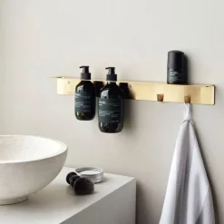 Meraki shelf with bottle hanger and hook, Brushed brass finish