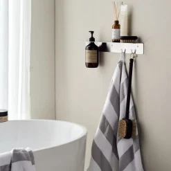 Meraki shelf with bottle hanger and hook, Brushed steel