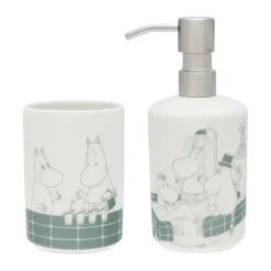 Moomin soap dispenser and toothbrush holder, Bath time green-white