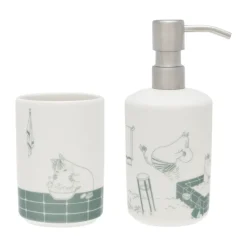 Moomin soap dispenser and toothbrush holder, Bath time green-white