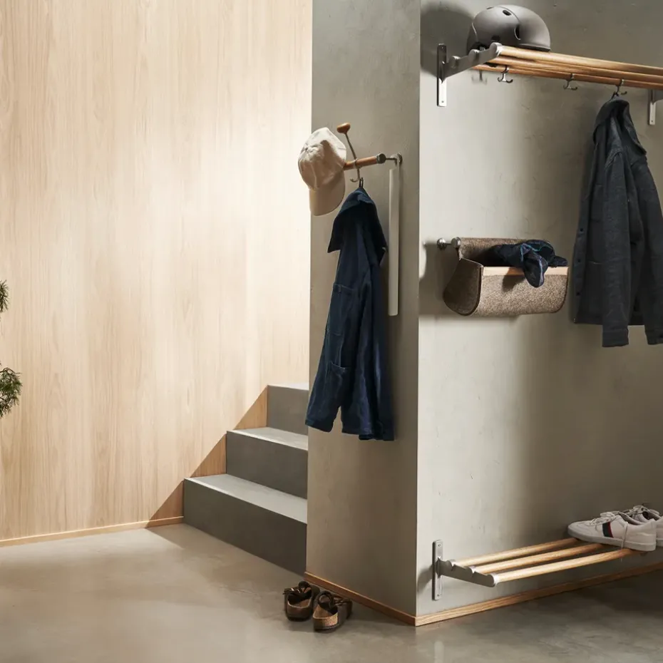 Nostalgi hat shelf/ shoe shelf, oak, aluminum