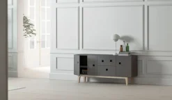Peep M2 media bench, Slate grey. White pigmented oak