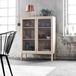 Prio cabinet high, Birch white oiled. glass door