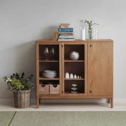 Prio tall bench, Oak natural oil. glass door