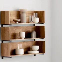 Stack wall shelf, Oak, consoles in dark oiled walnut