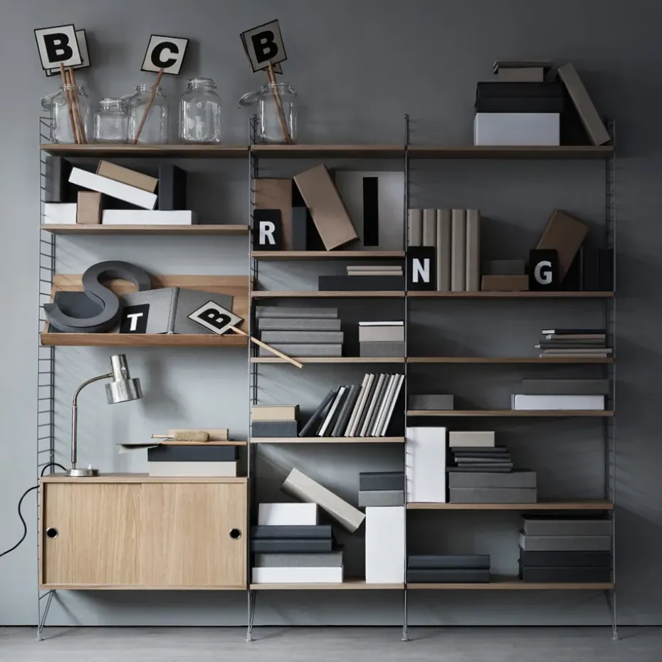 String magazine shelf wood, Ash black stain, 58x30 cm